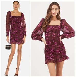 ASTR | Rosalee Floral Mini Dress Burgundy Ruched Long Sleeve Dark Romantic